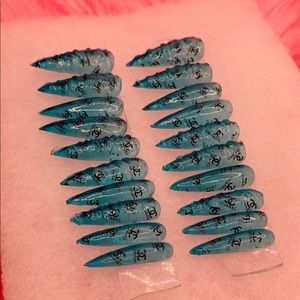 🌹Stiletto Chanel H20 Press On Full Set! 💧💦💎👑Long Natural- Gelly Blue